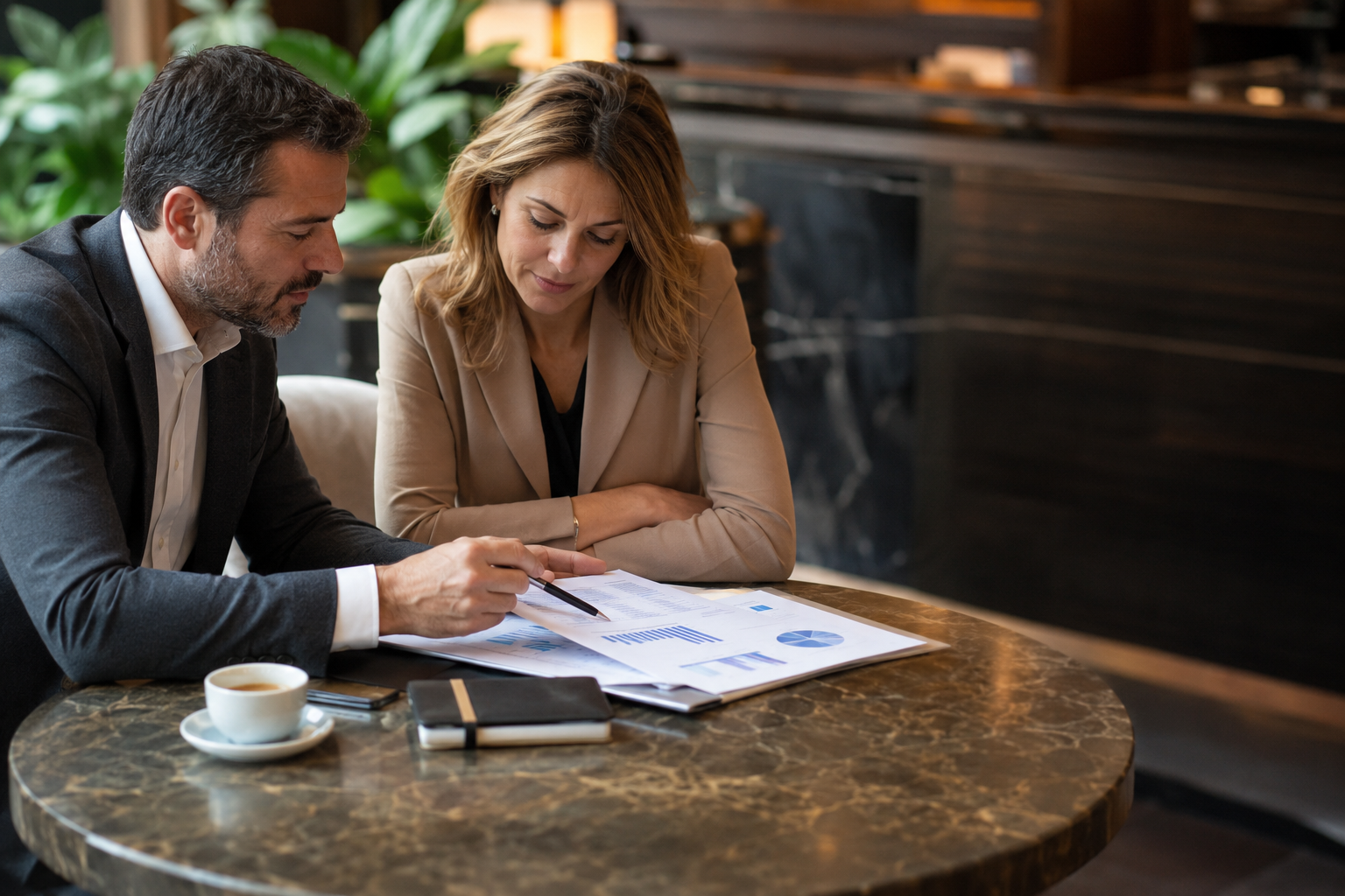 Financial advisor reviewing report with business owner