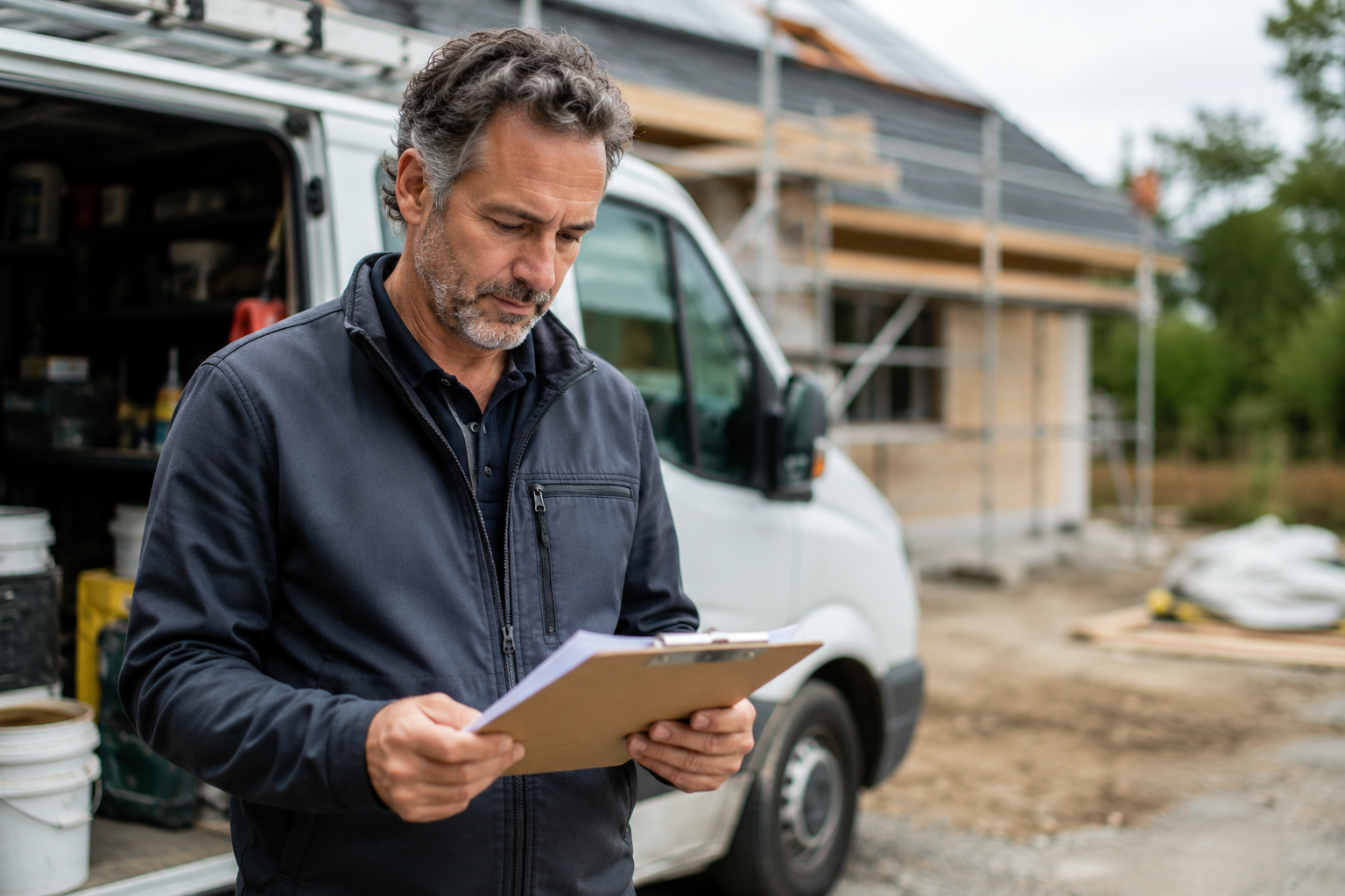 Contractor reviewing documents at job site